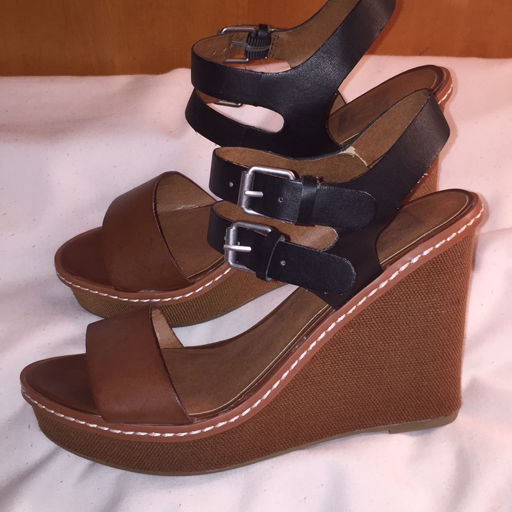 Black and Tan leather wedges